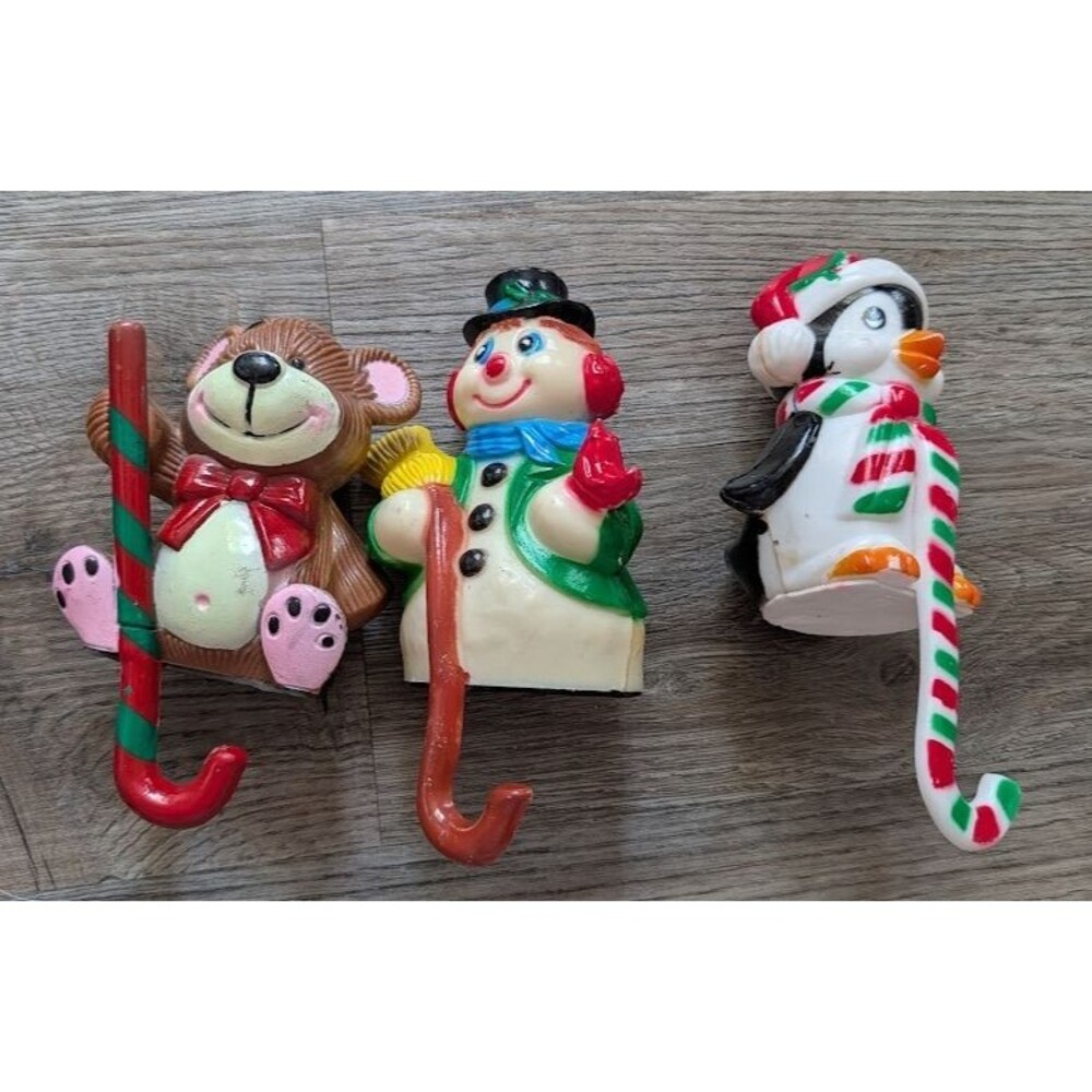 Lot of Vintage Christmas blow-mold stocking holders ~ Penguin, Snowman, Bear